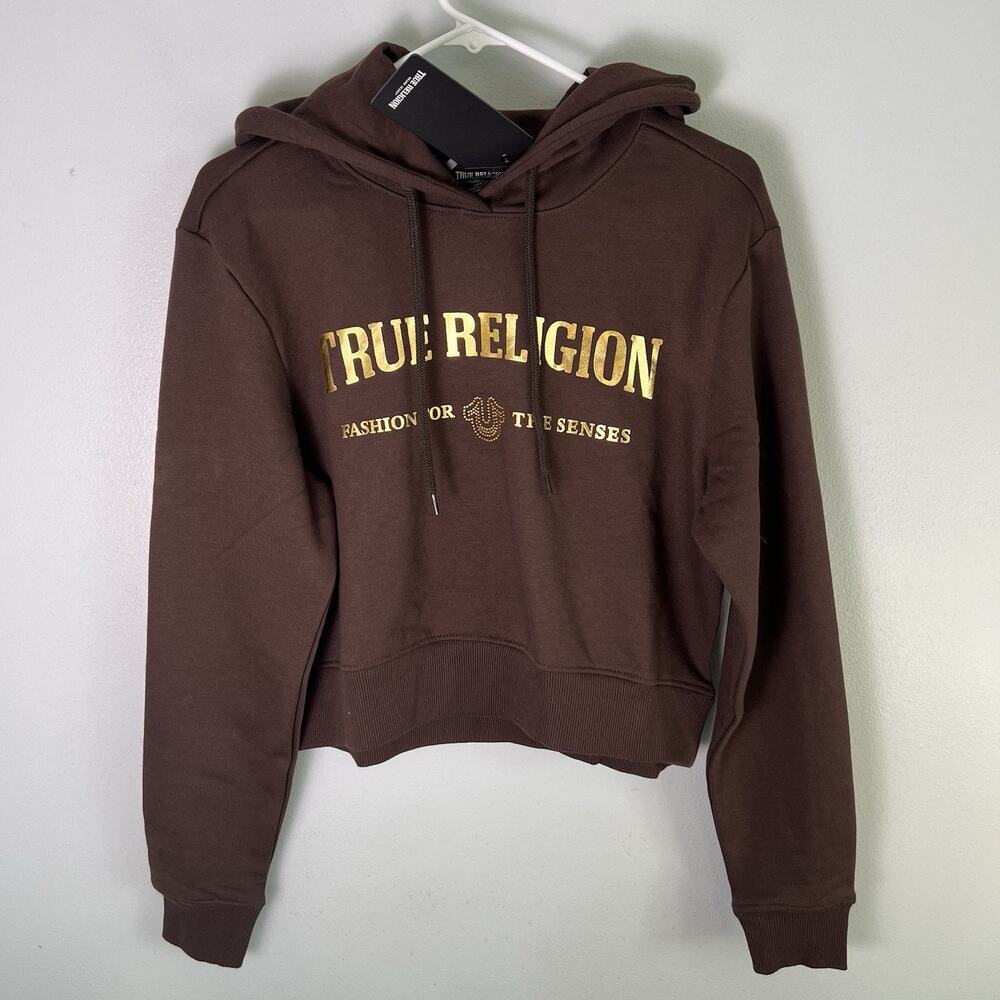 NWT True Religion Women's Brown Pullover Hoodie Sz M Spring Boho - Picture 2 of 9